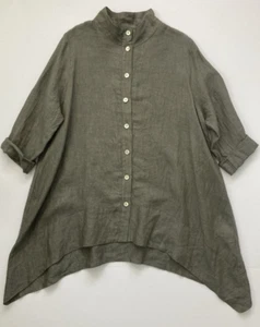 Chalet 100% Linen Top M High Neck Button Up Pointed Hem Shell Button Roll Sleeve - Picture 1 of 16