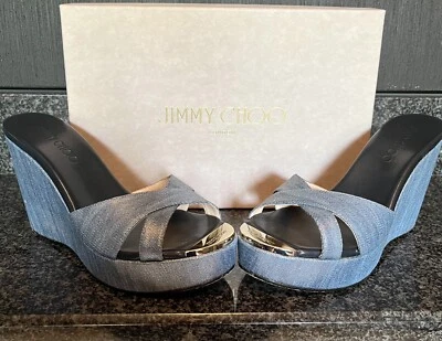 Sandalia de cuña Jimmy Choo Pandora denim metálico, para mujer talla 37 Foto 1 de 4