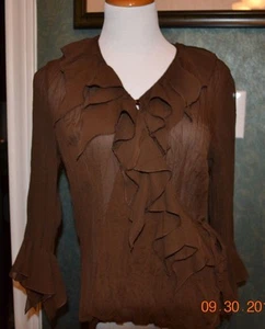 JAIPUR- BROWN WRAP BLOUSE-CAREER-LONG SLEEVE-SEMI-SHEER-SZ M - Picture 1 of 4