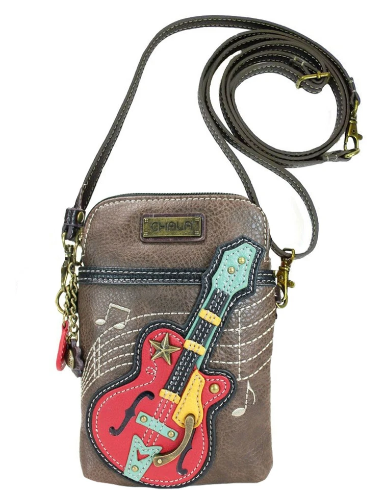 Chala Guitar Brown Cell Phone Crossbody Purse Bag Adjustable Strap Music
