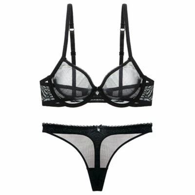 Sexy Spitze Transparent Dreiviertel Garn Tanga + Bh Lingerie Set Für Damen Neu - Bild 1 von 4