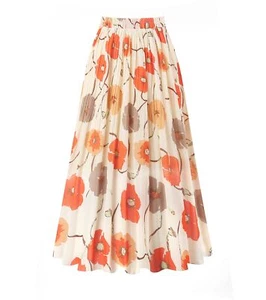 Women's Pleated Skirt Chiffon Elastic Waist A-Line Midi Length Skirt Ivory Fl... - Picture 1 of 6