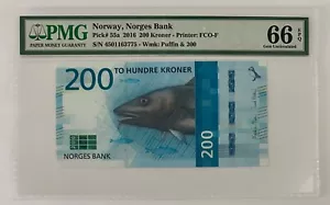 NORVEGIA - 200 CORONE - 2016 - GEMMA PMG UNC 66 EPQ - PESCE MERLUZZO - Foto 1 di 2