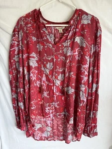 Lucky Brand Red Boho Floral V-Neck Tassel Hi Lo Top Tunic Shirt Blouse Sz XL - Picture 1 of 3