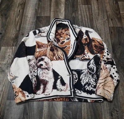 Antigo Cardigã suéter feminino de algodão Orvis anos 90 P/M várias raças de cães feito nos EUA - Imagem 1 de 4