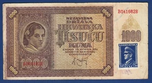 1000 Kuna 1941. WW2 NDH, Croatia banknotes, Croatian stamp Ante Pavelic ! - Picture 1 of 2