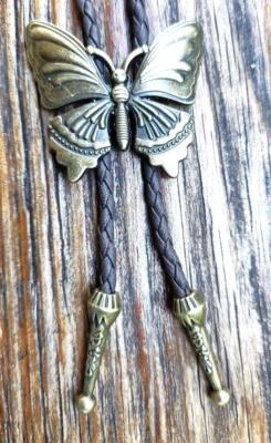 NEW BRONZE BUTTERFLY RODEO WESTERN COWBOY BOLO TIE BOLOTIE NECKLACE - Image 1 of 3