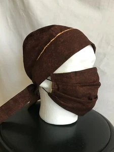Face cover and Hat Medical Scrub Nurse Chef Scrub Bandana Brown Hand Made in USA - Picture 1 of 5