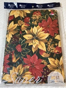 Vintage NEW YORK Queen Red Gold Poinsettia Floral Vinyl Tablecloth 52x 88” NEW - Picture 1 of 7