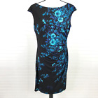 Chaps Floral Sleeveless Dress Size L Ruched Side Black W/ Blue Cap Knit Stretch