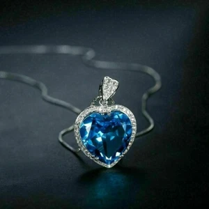 4Ct Heart Cut Simulated Blue Topaz Halo Pendant Free Chain 14k White Gold Plated - Picture 1 of 5