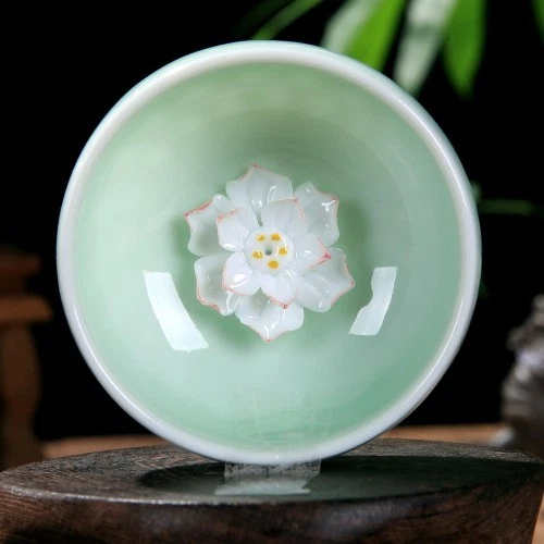 55ml Chinese Porcelain Tea Cup Ceramic Cup Lotus Carved Longquan Celadon Teacups - Image 1 of 4