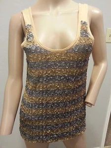 Nueva con etiquetas camiseta sin mangas J Crew Bronceado oro plata lentejuelas a rayas S - Imagen 1 de 5