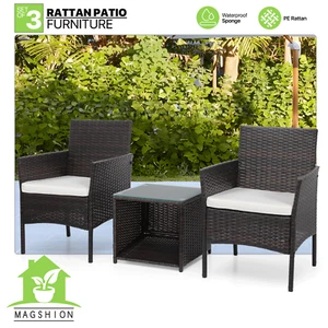 3 Pieces PE Rattan Chairs&Tempered Glass Table Bistro Furniture Conversation Set - Picture 1 of 12