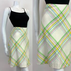 VINTAGE 60s 70s WHITE GREEN PINK BLUE PLAID CHECKED MOD FLARED SKIRT 12 14