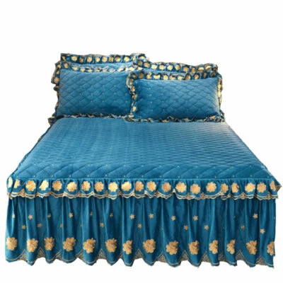 Queen Quilted Bedspread Set King Velvet Luxury Embroidery Bed Skirt Ruffle Thick - Image 1 of 4