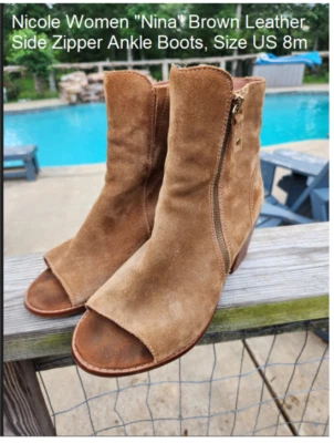 Nicole Women "Nina" Brown Leather Side Zipper Ankle Boots, Open Toe, Size US 8m - Image 1 of 4