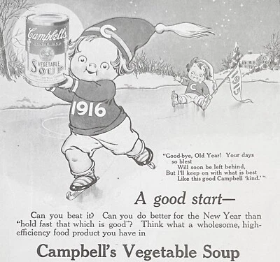 Grace Wiederseim Arte SOPA DE CAMPBELL Niños Año Nuevo Patinaje sobre Hielo 1916 ¡Anuncio Impreso! Foto 1 de 3