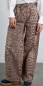 Damson Madder Rafe Pants Women UK 12/US 8 Leopard Print Wide Leg Denim Trousers - Picture 1 of 4
