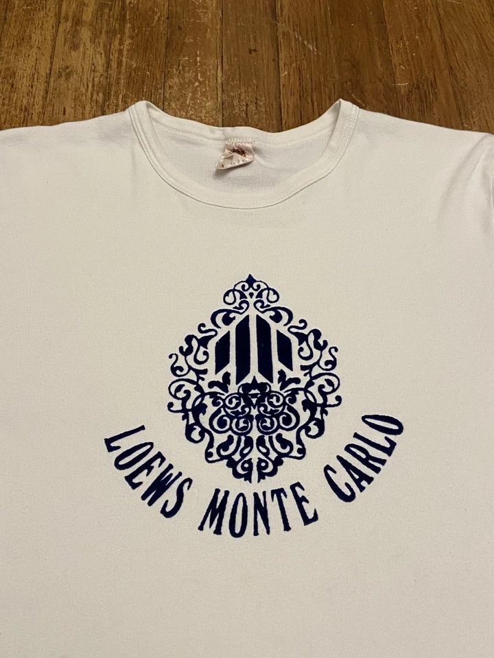 Camiseta blanca vintage Loews Monte Carlo de lujo de hotel francés de una sola puntada mediana Foto 1 de 4