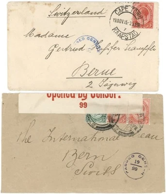 South Africa, WWI, 1915 & 1919 Covers to Switzerland w/Diff Censor Labels - Image 1 of 2