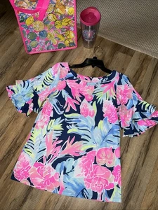 LILLY PULITZER PRIMA BAUMWOLLE GLOCKENÄRMEL ROSA BLAU TROPISCH OBERTEIL GRÖSSE SMALL - Bild 1 von 13
