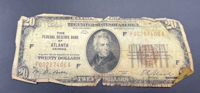 1929 $20 National Bank FRN Note Atlanta Very Circ Cull Ugly Damaged Low Serial # - Image 1 of 4