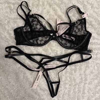 Sujetador Victoria's Secret Icon Demi de cuero negro y bragas sin entrepierna con tiras Foto 1 de 4