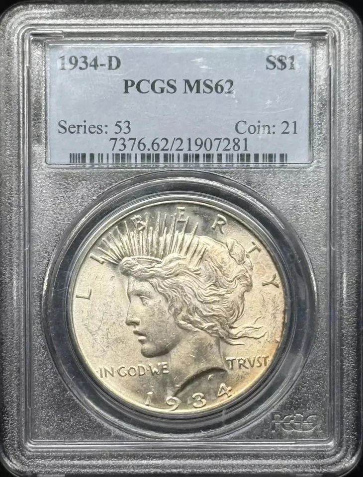 Dólar de prata 1934 D Peace PCGS MS-62 - Imagem 1 de 2