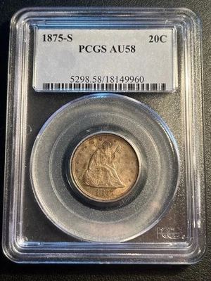1875 S Twenty Cent Piece - Beautiful PCGS AU58 Slider Sharp Strike Russet Toning - Image 1 of 4