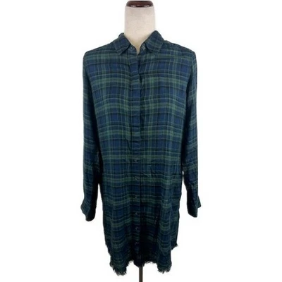 Michael Stars Plaid Button Down Shirt Dress Green Blue Frayed Hem Casual Small - Image 1 of 4