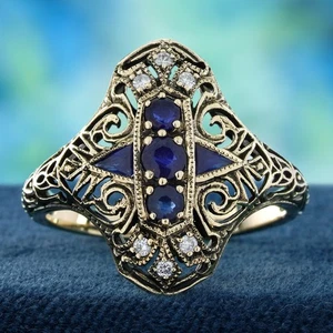 10K Gold Blue Sapphire and Diamond Vintage Style Filigree Three Stone Ring - Picture 1 of 8