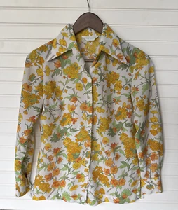 Vintage 60s Alex Colman Womans Blouse Medium Orange Yellow Mutli Floral Silk (?) - Picture 1 of 7