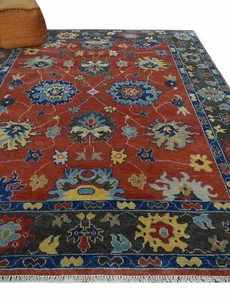 Hand Knotted Traditional Oushak Colorful Rug Rust, Blue and Charcoal 8x10 - Picture 1 of 10