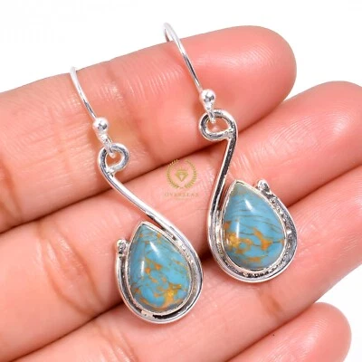 Blue Copper Turquoise Gemstone Earring 925 Sterling Silver Handmade Jewelry - 2” - Image 1 of 3
