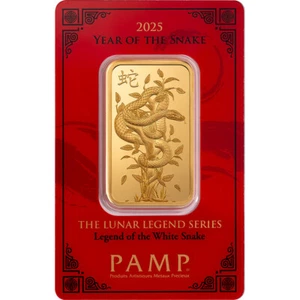 1 oz Gold Bar PAMP 2025 Lunar Legend White Snake 999.9 Fine in Sealed Assay - Picture 1 of 5
