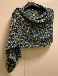 Sciarpa Stola Tessuto in maglia artigianale Mantello Blu Verde Giallo Lana 100% - Foto 1 di 10