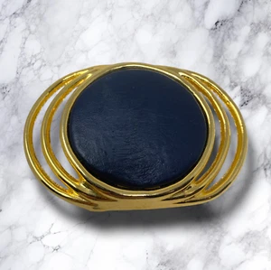 Vintage 1980's Modernist Oval Gold Tone Black Leather Belt Buckle Couture Mogul - Picture 1 of 5