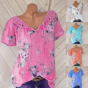 Women Blouse Short Sleeve Tunic Tee Tops T Shirt Ladies Casual Loose Plus Siz - Picture 1 of 18