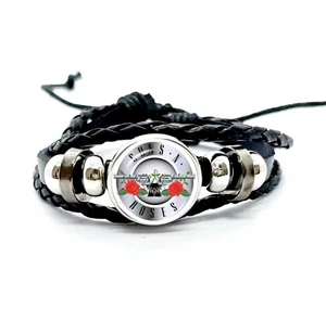 Black Handmade Multilayer Braided Leather Guns N Roses Logo Adjustable Bracelet - Picture 1 of 2