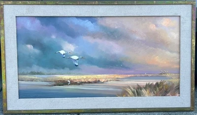 Arte original firmado por artista pintura al óleo paisaje impresionista garcetas pájaros Foto 1 de 4