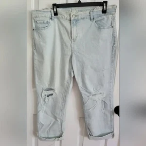 Ancien jean femme bleu marine boyfriend léger délavé ourlet à manchettes vieilli taille 14 - Photo 1/4
