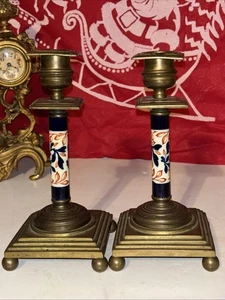 Vtg Antique Cloisonne Enamel Brass Candlestick Candle Holder Blue Floral Design - Picture 1 of 18