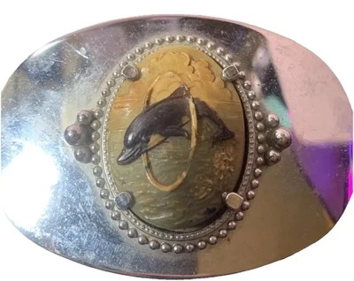 Hebilla de cinturón de níquel de colección delfín Shamu orca saltando a través del aro Hawaii Foto 1 de 4