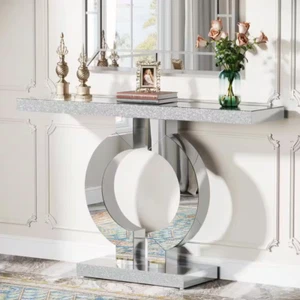 New 43" Silver Glass Console Table Mirror Finish Modern Entryway Sofa Table - Picture 1 of 12