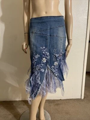 Blue Denim Casual Beaded Lace Embroidery Hippie Boho Size XL(10-12) Skirt 3310 - Image 1 of 4