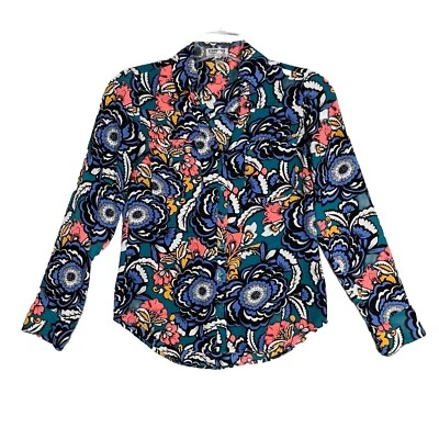 Camisa Express Mujer XS Portofino Negra Azul Floral Flor Carrera Oficina Informal Foto 1 de 4