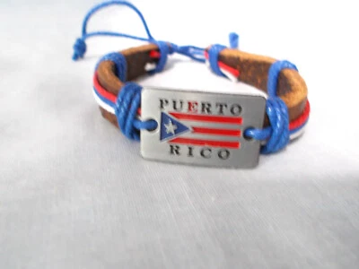 Puerto Rico Brown Leather Metal Flag Heritage Red White and Blue Cord Bracelet - Image 1 of 3