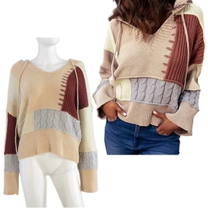 Womens Sweater Knitted Hoodie Colourblock Jumper Oversized Split Joint Size S - Picture 1 of 13
