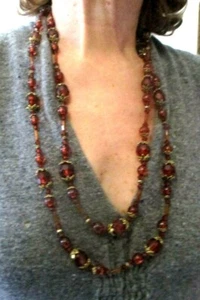 Grand collier sautoir ancien perles résine couleur or ambre bijou vintage 3347 - Bild 1 von 4